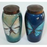 A pair of Stourbridge Ware reverse painted glass jars, height 18cm.