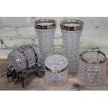 Four hallmarked silver mounted glasses and an EPNS mounted sherry barrel (damaged).