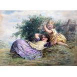 Joseph Bouvier (1839-1888), two girls playing, watercolour, 19cm x 15cm, signed, glazed and framed