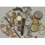 A mixed lot comprising various watches, a hallmarked 9ct gold brooch wt. 2.5g, a coral necklace,