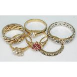 A group of six 9ct gold rings, set with various stones and having various marks, gross wt. 12.5g.