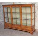 An aged oak glazed bookcase, dentilated cornice, panelled glass front and sides above three lower