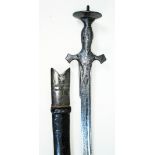 An 18th/19th century Indian Tulwar sword and leather scabbard, length 92cm.
