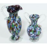 A pair of millefiori glass vases, height 18cm & 21cm.