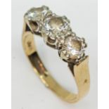 A hallmarked 9ct gold ring set with three cubic zirconia, gross wt. 3.9g, size M.