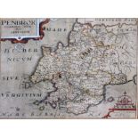 A 17th century hand coloured engraved map of Penbrok by William Kip, 34cm x 27cm, glazed and framed.