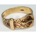 A hallmarked 9ct gold buckle ring, wt. 4.9g, size W.