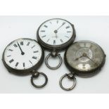 Two ladies silver pocket watches and a silver cased pedometer.