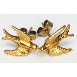 A pair of 9ct gold stud earrings formed as swallows, 9ct gold hallmarks, length 13mm, wt. 3.1g.