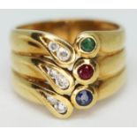 An 18ct gold mult-gemstone ring, marked '750', gross wt. 6.7g, size N/O.