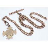 A hallmarked 9ct gold Albert watch chain with T bar and fob, length 34cm, wt. 42.5g. Condition -