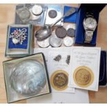 A mixed lot comprising coins, costume jewellery, a stainless steel Sekonda wristwatch, a