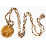 A 9ct gold chain with United States 1873 gold one dollar, gross wt. 4.4g, length 38cm.
