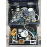 A Victorian jewellery box and contents including an amber nugget, a 9ct gold wristwatch, a Chinese