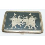 An Eastern white cigarette case decorated with fighting elephants, length 13cm, wt. 4oz.