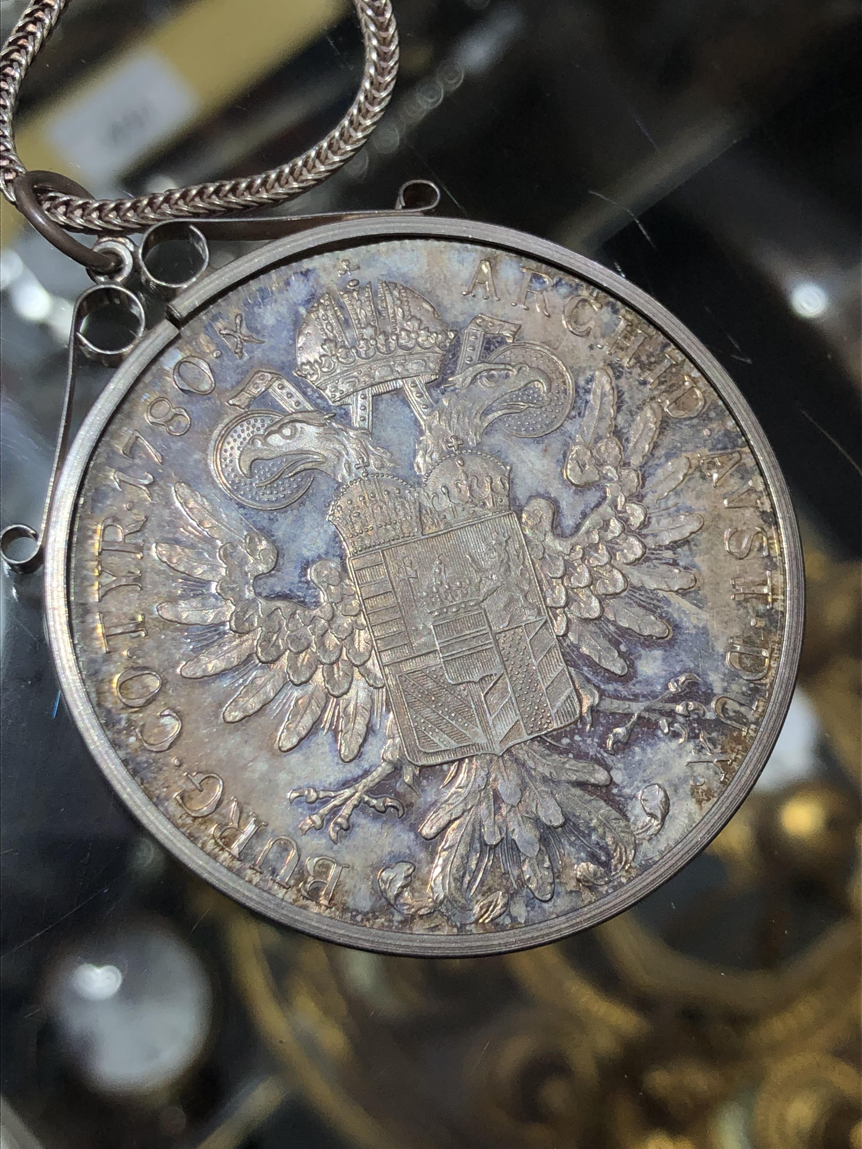 Two silver Thaler bearing date 1780, both mounted and on chains marked '925', gross wt. 74.1g. - Image 5 of 5