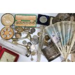 A mixed lot to include various coins, silver plated cup holders, two bone fans, two button sets etc.