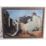 Early 20th century school, street scene, oil on board, 60cm x 42cm, unsigned, framed 67cm x 50cm.