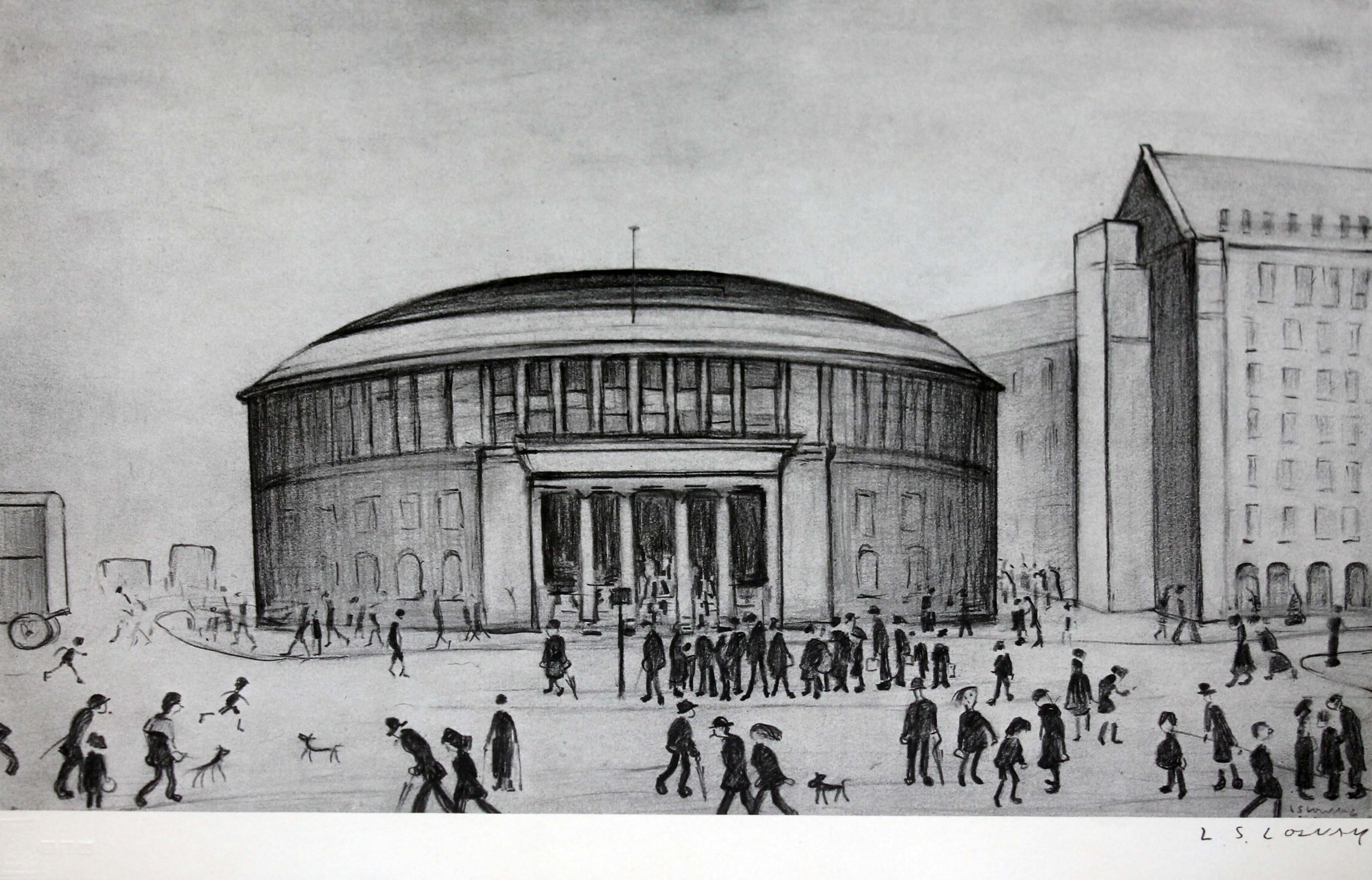 Lawrence Stephen Lowry, The Reference Library, monochrome print, 35cm x 24cm, blindstamp lower left,