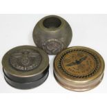 A group of German Nazi items comprising a horn snuff box of cylindrical form with swastika eagle