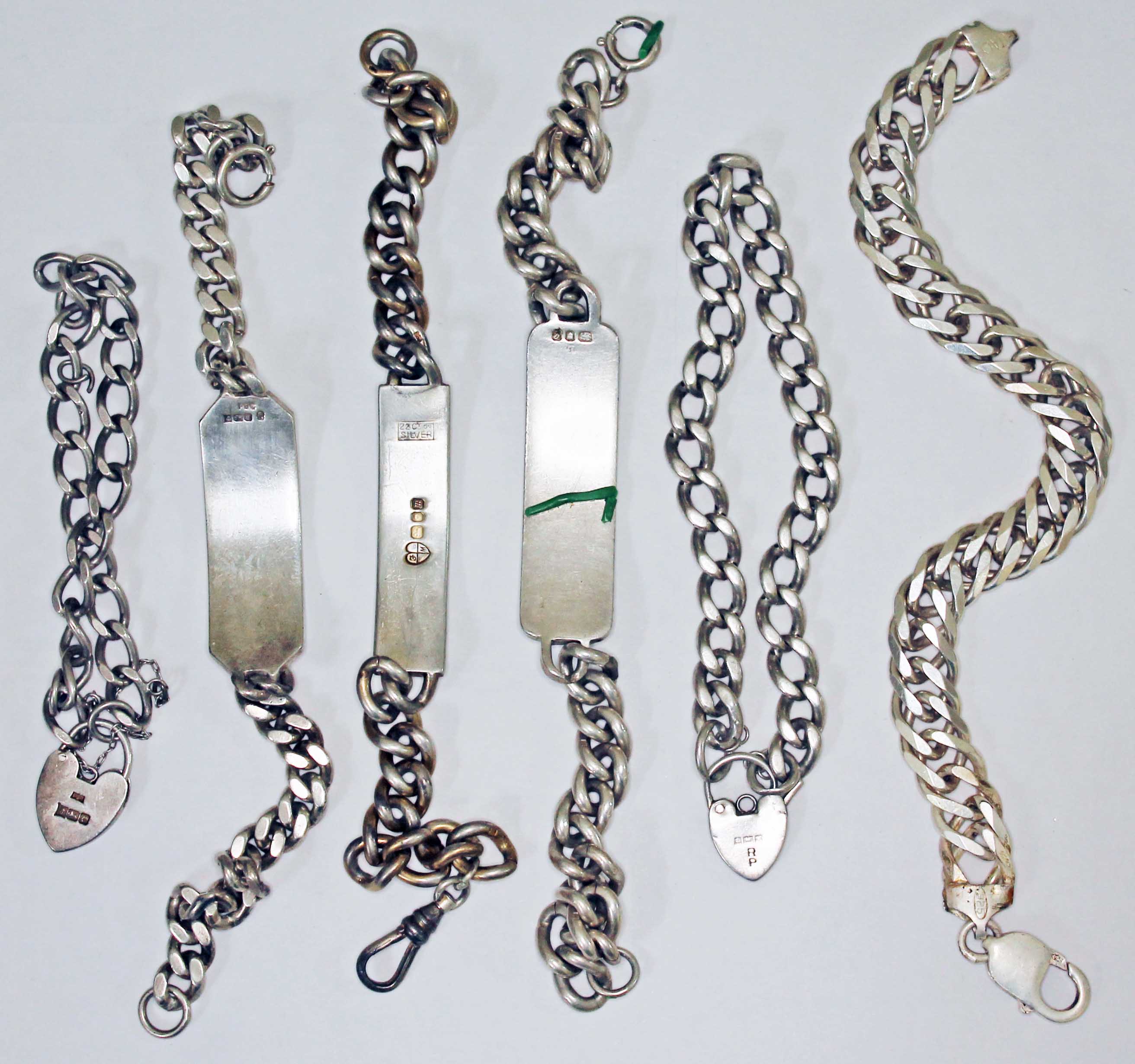 A group of five hallmarked silver bracelets and another marked '925', gross wt. 6oz.