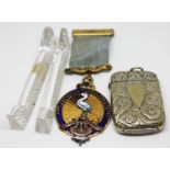 A mixed lot comprising a Masonic gilt metal, a pair of cut glass knife rests and a Victorian