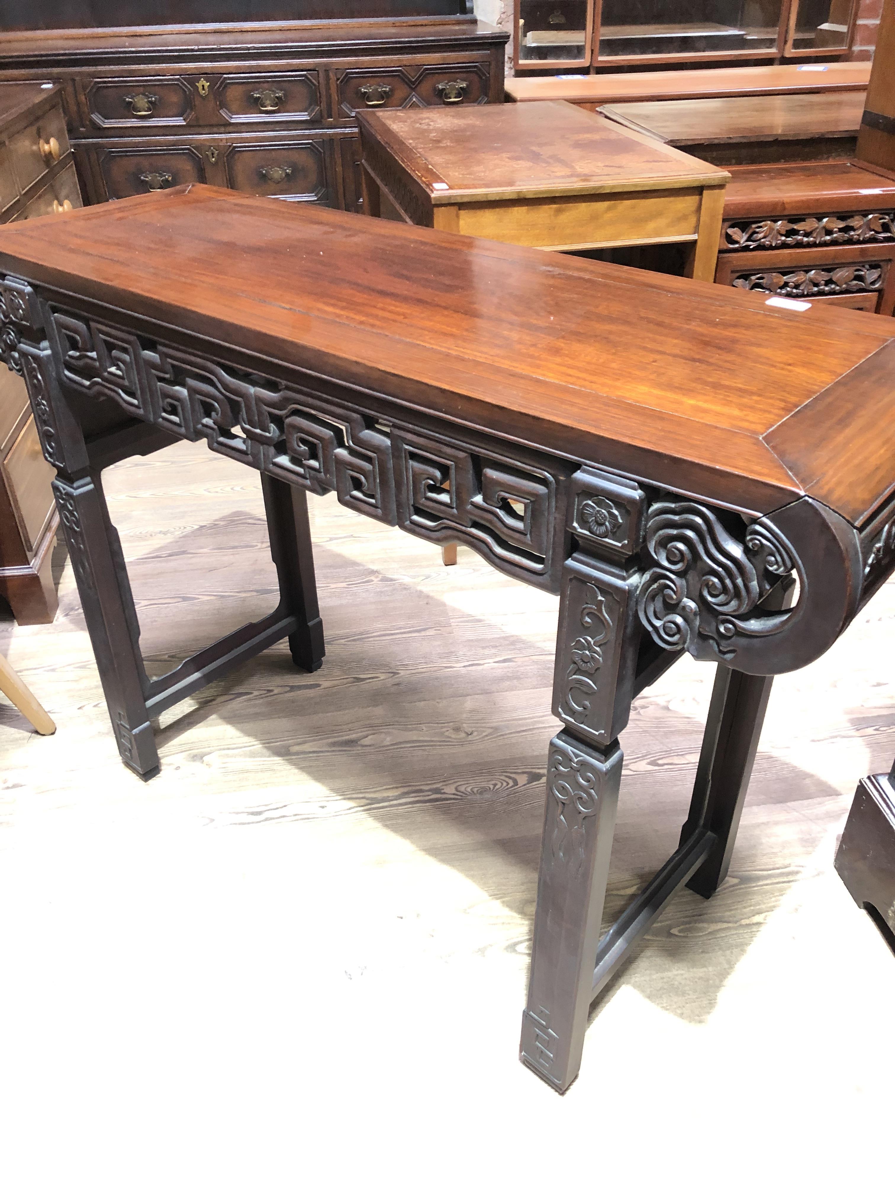 A Chinese altar table, late 19th century, carved frieze with scroll ends and carved square legs, - Image 12 of 12