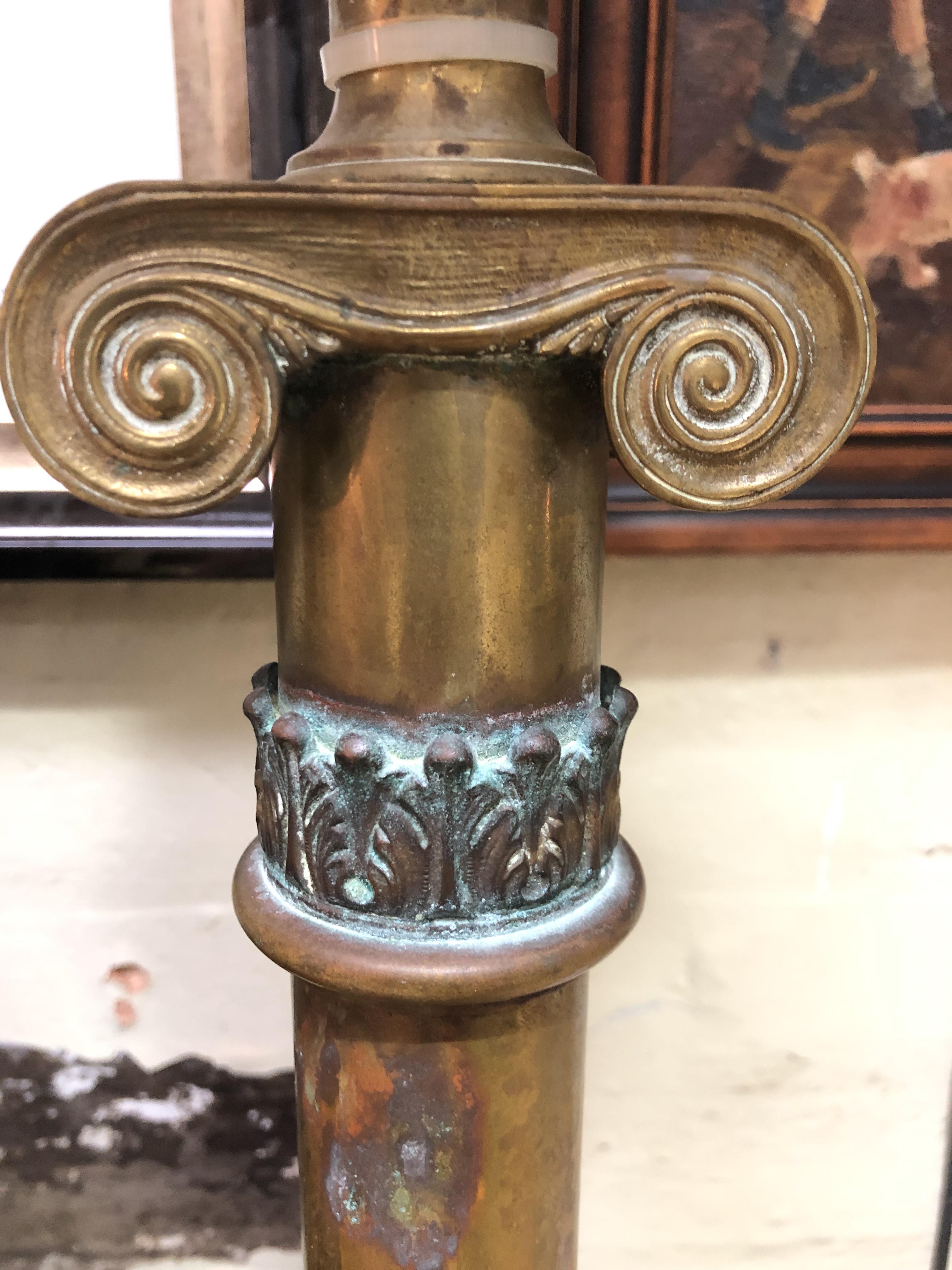 A Victorian brass lamp with cut glass reservoir, single column with acanthus mouldings and ionic - Image 3 of 5