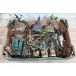 A box of mainly eastern and other metal ware including Buddhas and other religious figures, a