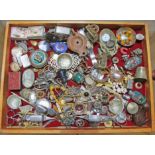 A tray of bric a brac including costume jewellery, snuff bottles, watches, candle snuffers, white