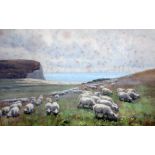 Jessie Hall, sheep grazing, watercolour, 38cm x 26cm, signed, glazed and framed.