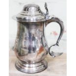 A Georgian Sheffield plate style lidded tankard with a George II coin inset to lid, presentation