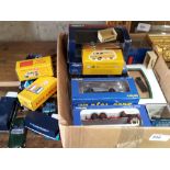 A box of die-cast toys to include buses, trucks, cars, including modern Corgi etc.