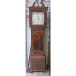 A Georgian mahogany eight day long case clock, hood with swan neck pedstal and fluted pillars,
