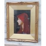 After Jean Jacques HENNER (1829-1905), side profile portrait of lady in red, oil on canvas, 20cm x