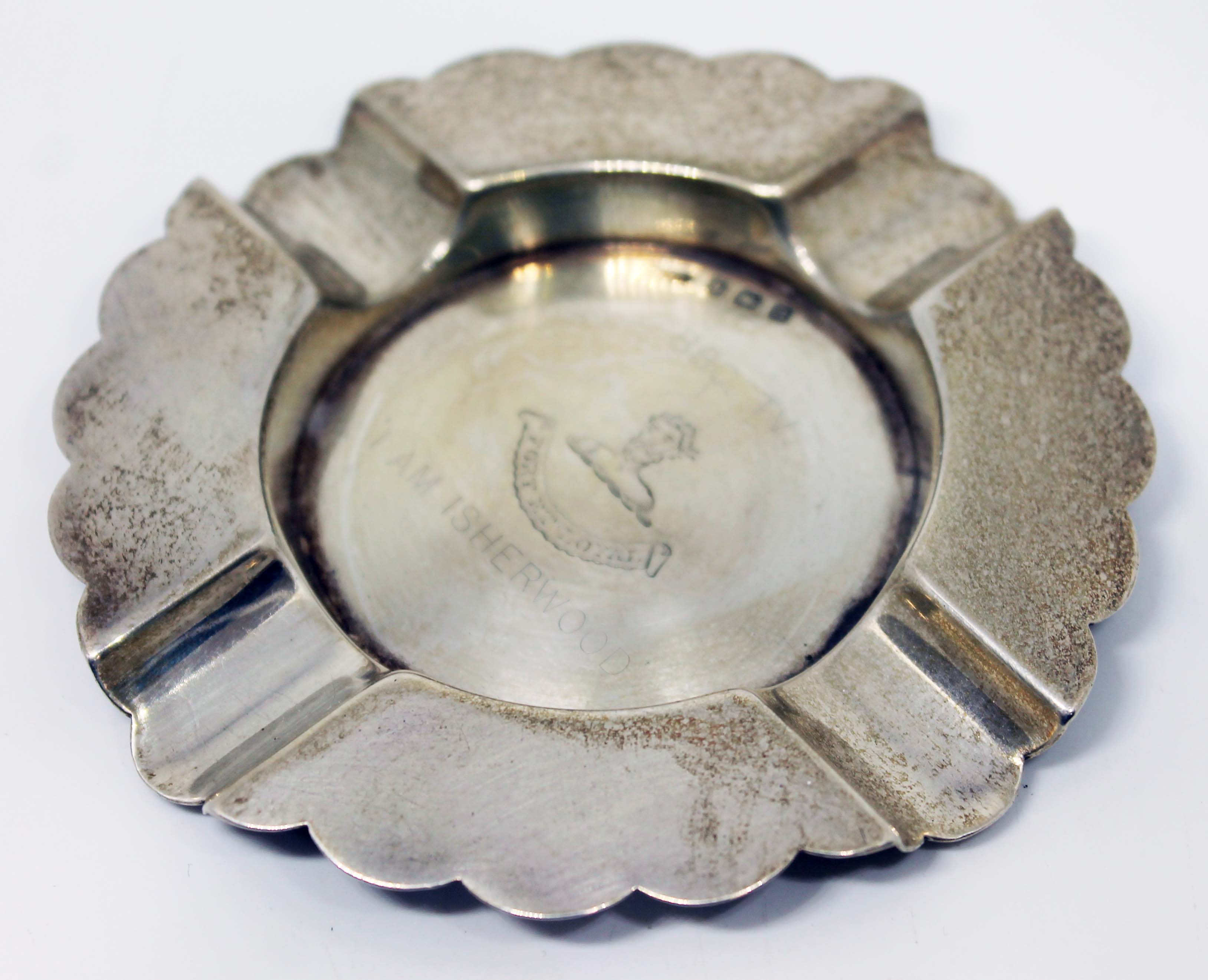 A hallmarked silver ash tray presented to James Lawrence Isherwood from BBC, inscribed 'BBC TV I