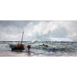 Hamson Smythe, fishermen, watercolour, 59cm x 28cm, signed lower left, glazed and framed 79cm x