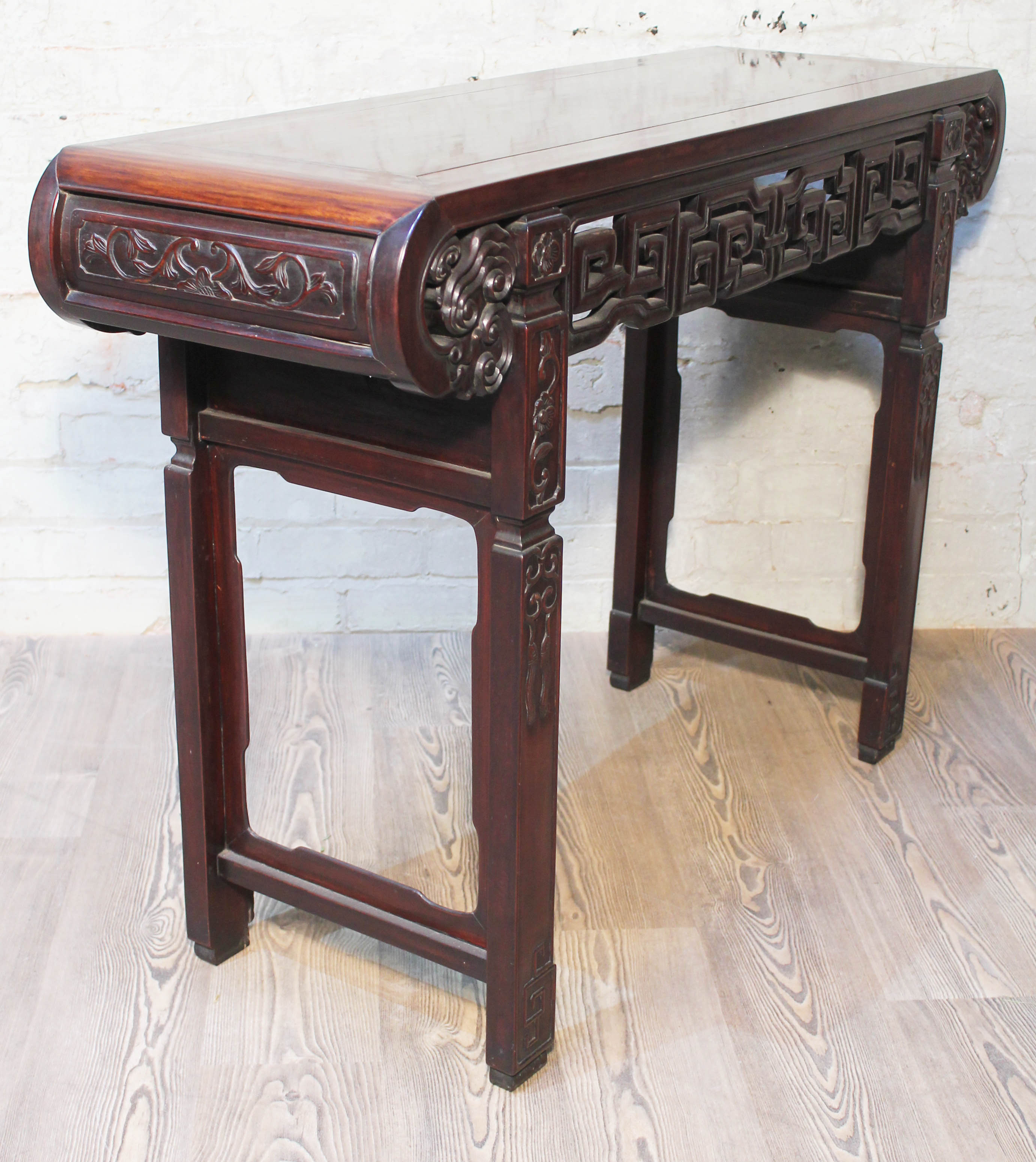 A Chinese altar table, late 19th century, carved frieze with scroll ends and carved square legs, - Image 2 of 12