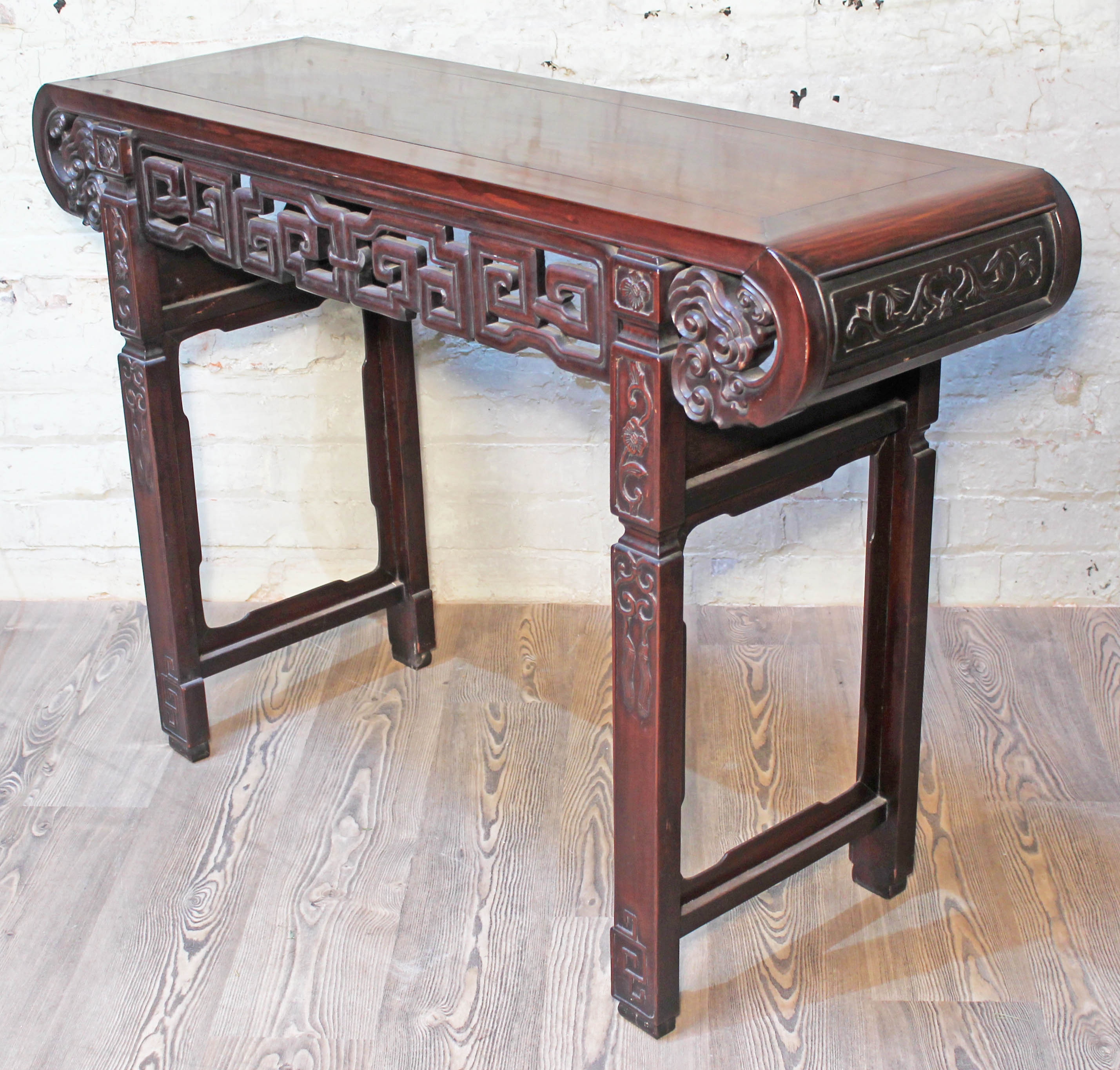 A Chinese altar table, late 19th century, carved frieze with scroll ends and carved square legs, - Image 4 of 12