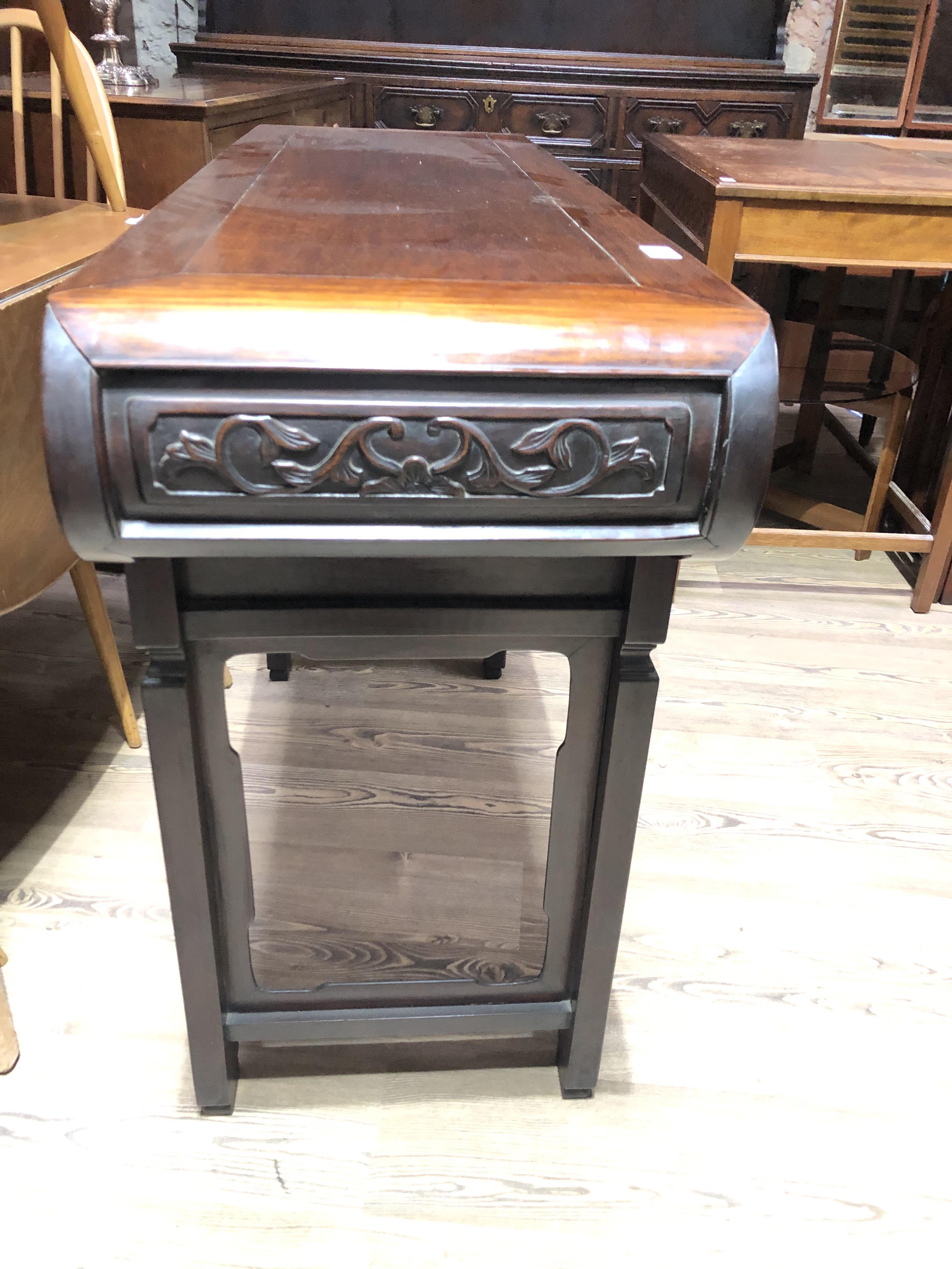 A Chinese altar table, late 19th century, carved frieze with scroll ends and carved square legs, - Image 11 of 12