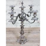 A silver plated four branch candelabra, height 53cm.