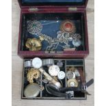 A Victorian jewellery box and contents including various watch parts etc.