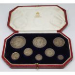George V 1911 specimen coin set comprising eight silver coins from maundy penny to half crown.