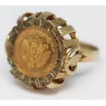 A hallmarked 9ct gold ring set with a 1945 dos pesos gold coin, gross wt. 4.8g, size O/P.