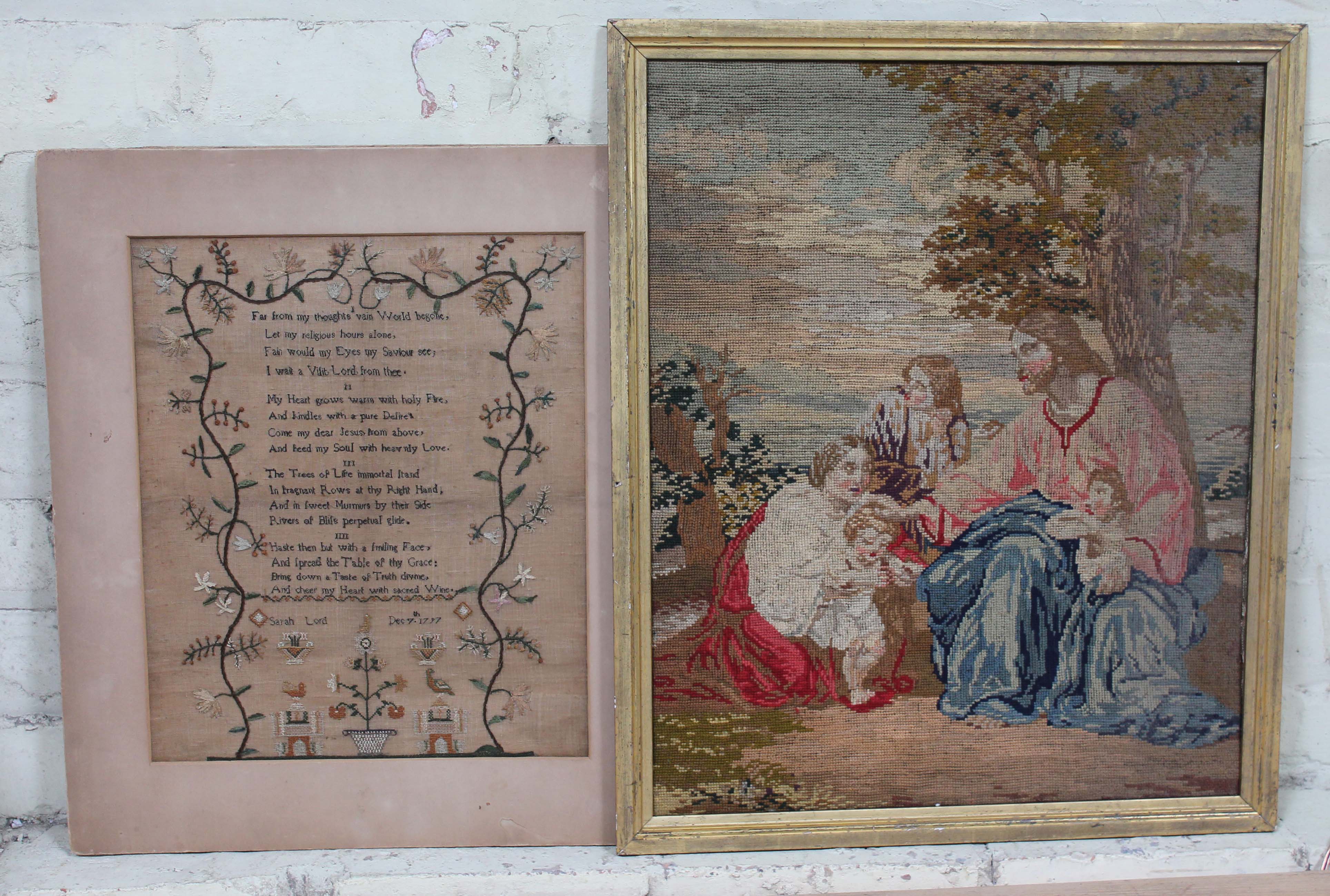 A George III sampler dated 1797 made by Sarah Lord 32cm x 38cm and a 19th century needlework