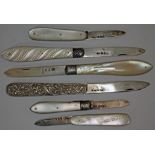Five hallmarked silver and mother of pearl pen knives and another.