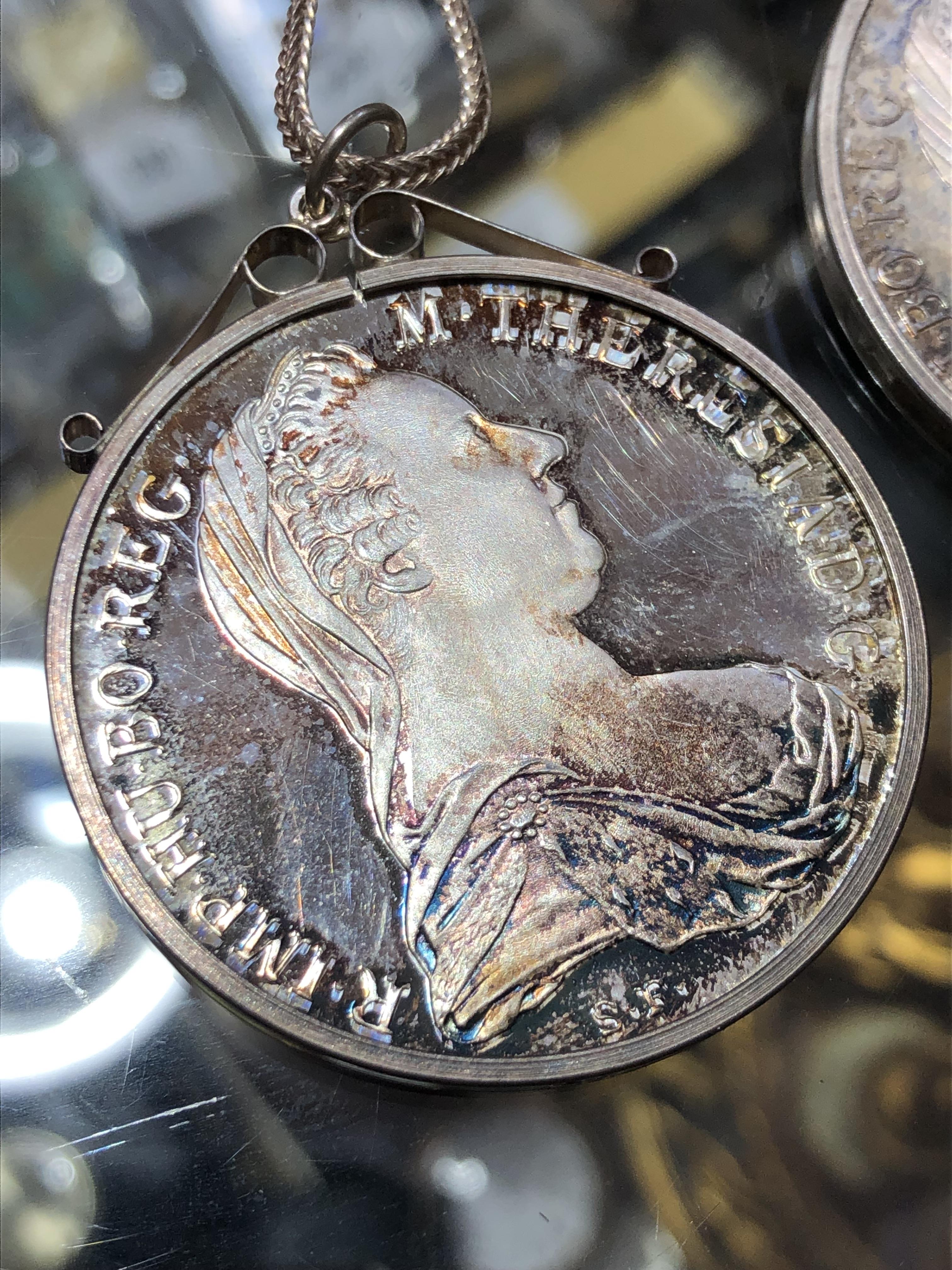 Two silver Thaler bearing date 1780, both mounted and on chains marked '925', gross wt. 74.1g. - Image 2 of 5