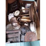 A box of misc items to include clocks, metalware, etc