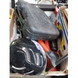 Box of mixed including crash helmet, camping gas stove, bike parts, etc