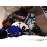 A box of assorted items, glassware, mugs, a mincer, perfume set etc